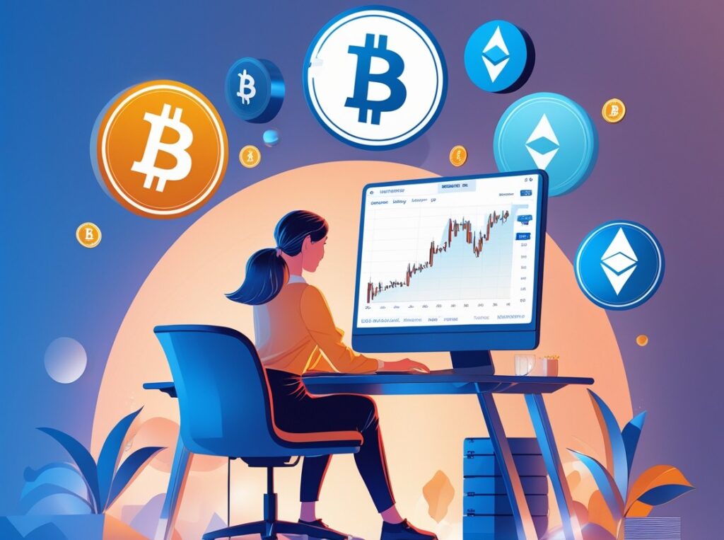 illustration d'un personnage devant son pc, il regarde les crypto monnaies